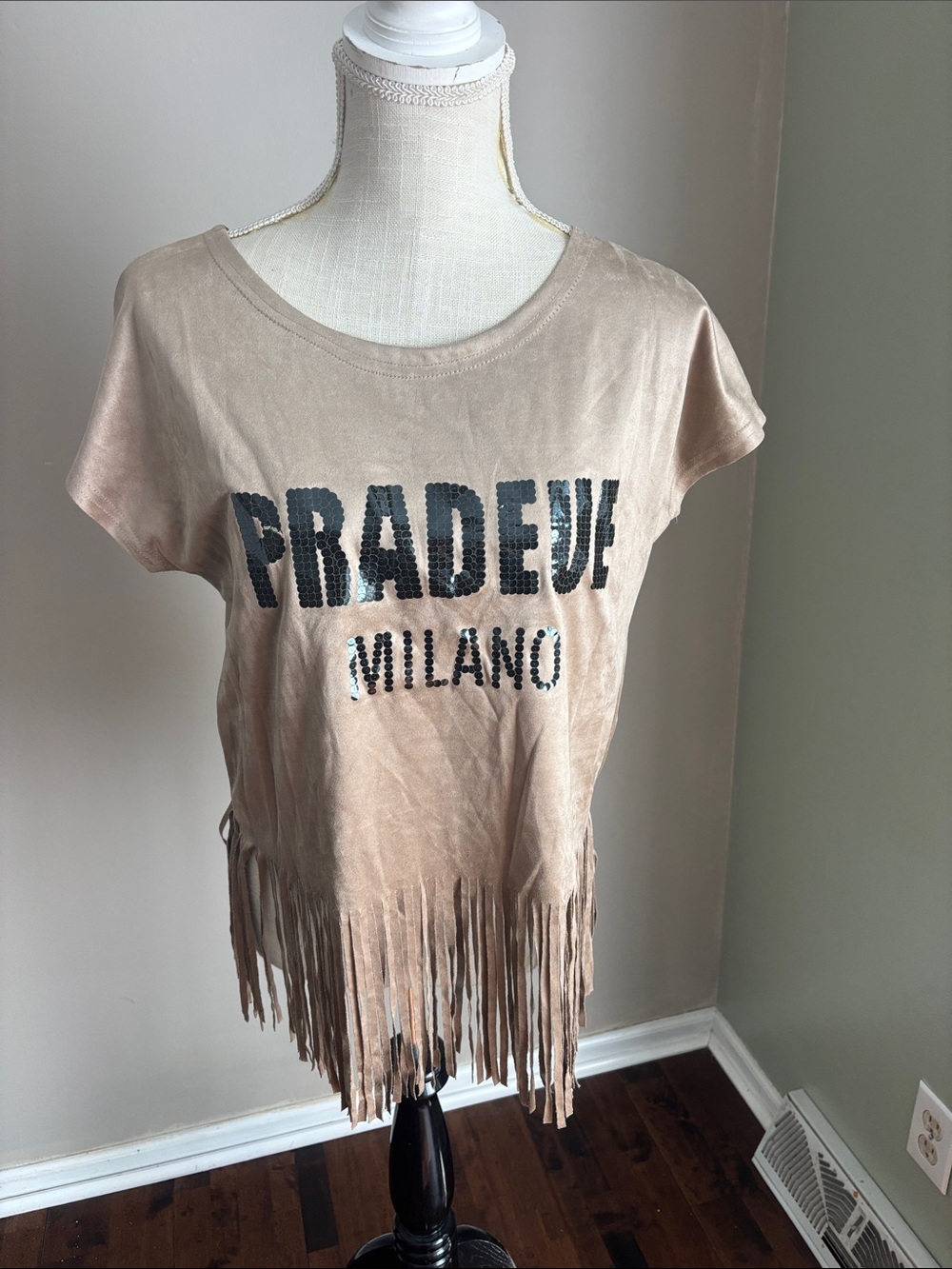 Fringed Beige Short Sleeve Tee with Sequin Milano Logo